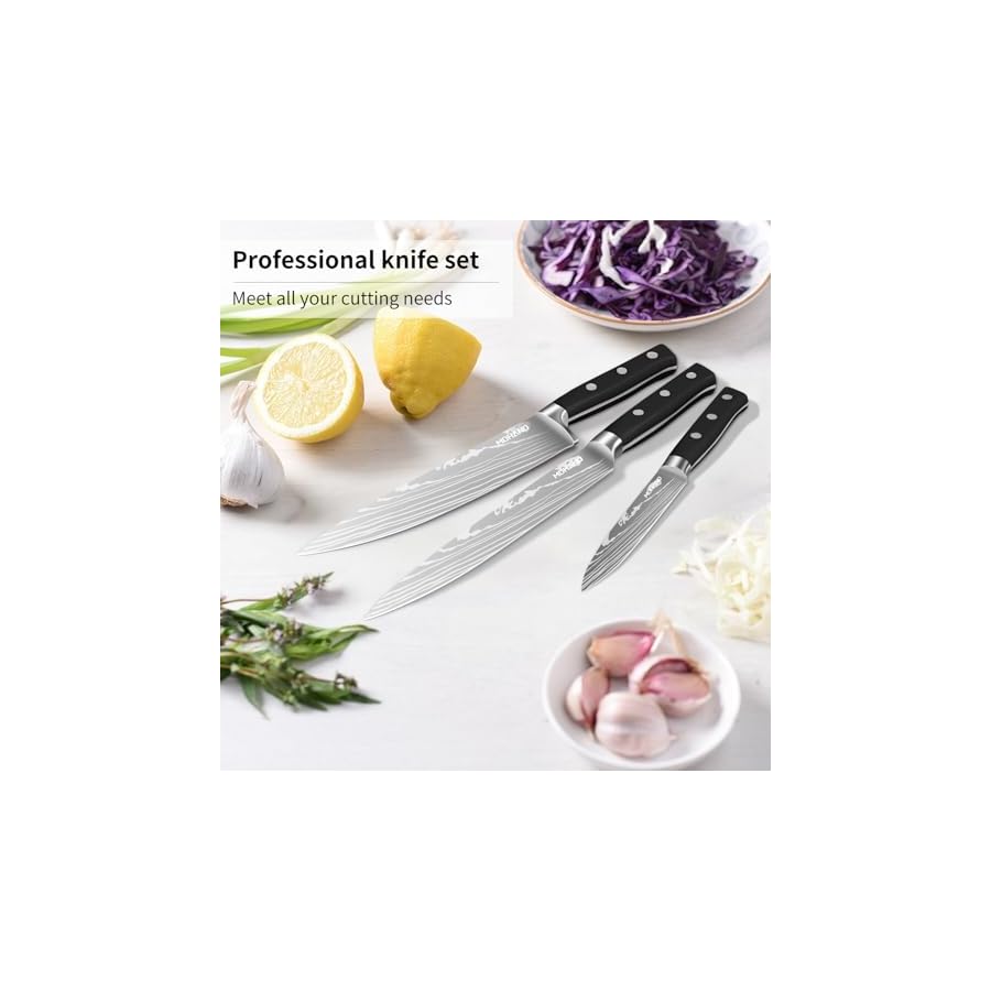 MDHAND Knife Set with Block, 15 Pieces Professional Chef Knife Set, Forged, High Carbon Stainless Steel Sharp Blade with Wood Block Kitchen Knife Set with Sharpener, Anti-slip Handle, Dishwasher Safe