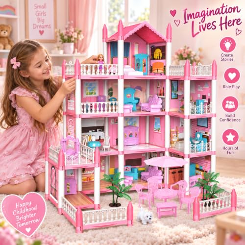 Image of Doll House for Girls 3+ Years, Large Multi-Level Pink Dollhouse with Furniture, Balconies, Rooms, Patio & Pretend Play Accessories, Dream House Toy