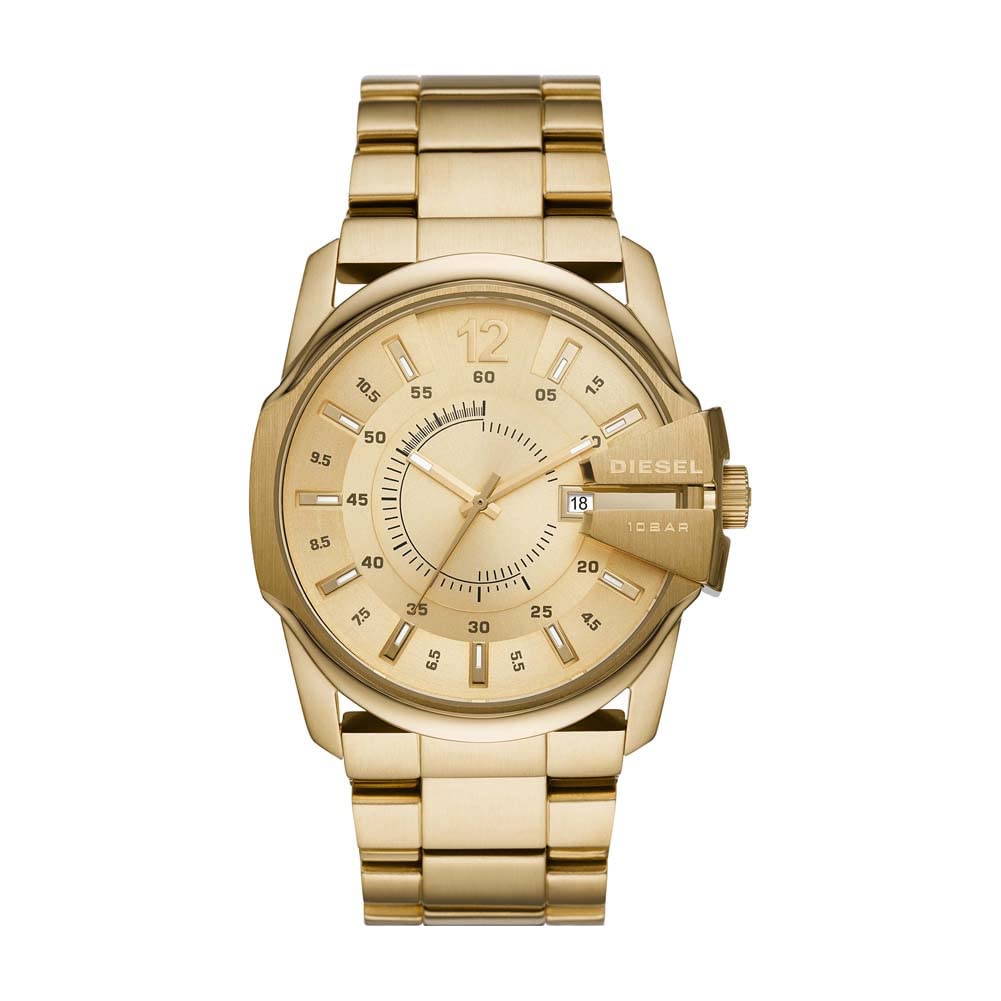 Diesel Orologio Master Chief da uomo, movimento a tre lancette con data, cassa in acciaio inossidabile placcata oro da 45 mm e bracciale in acciaio inossidabile, DZ1952