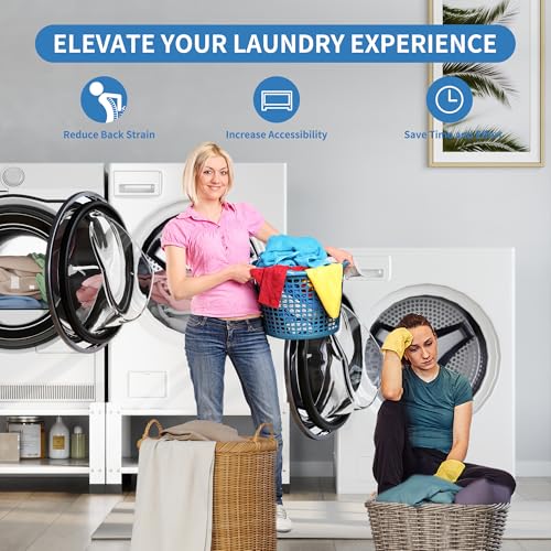 Image of 2 Pack Washer and Dryer Pedestals, 28 Inch, 14.37 Inch High | White metal stands with storage shelves, 800 lb capacity per stand, cushion pads, and required assembly.