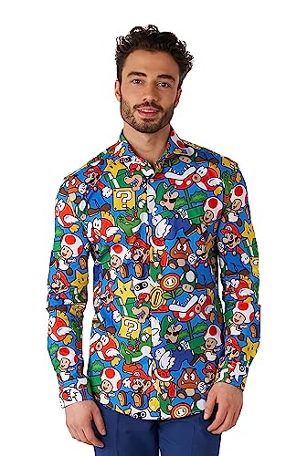 OppoSuits Camisa Divertido para Hombre - Camisa de Estampilla Nintendo Mario Manga Larga con Botones - Ajustado - Multicolor