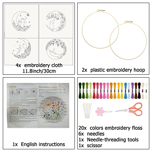 Image of ORIGACH 4 Pack Cat Moon Embroidery Kits for Beginners, DIY Starter Hand Embroidery Kit with Moon Floral Patterns and Instructions