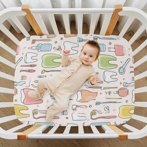 Image of Teeth Dental Cute Crib Sheets Soft Breathable Fitted Baby Crib Sheets Mattress Cover for Girls Boys, 52 inch x 28 inch x 9 inch