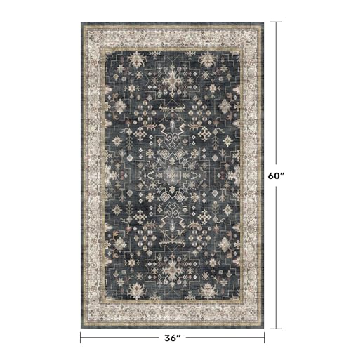 Image of Large 3x5 Entryway Rug Indoor - Washable Non-Slip Low Pile Ultra Soft Area Rug for Large Kitchen, Bedroom Bedside, Mudroom - Distressed Boho Modern Aesthetic Geometric Decor, Ashen /Multi