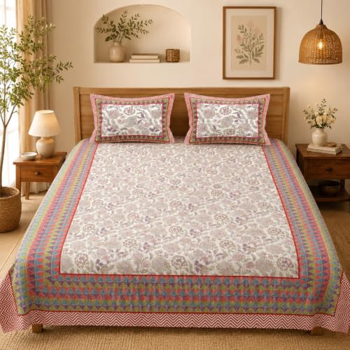 100 Percent Cotton King Size Bedsheet (93 x 108) with 2 Pillow Covers - Floral & Geometric Print