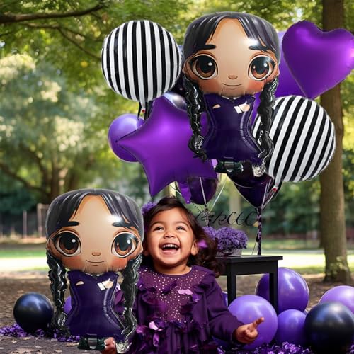 Image of 2Pcs 31 inch Gothic Cartoon Girl & Mixed Gothic Foil Balloons Set Purple Balloons for Mysterious Character theme Party, Birthday, Halloween, and Costume Parties