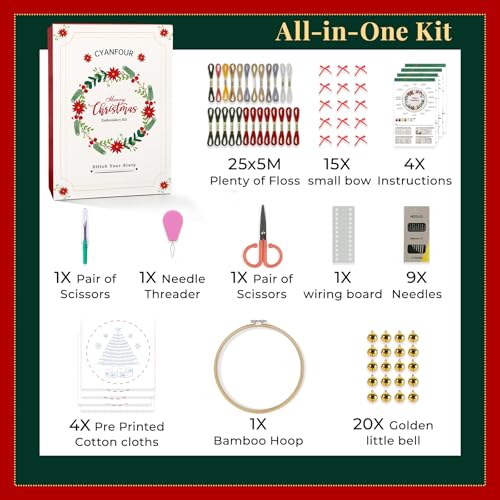 Image of CYANFOUR 4 Pack Christmas Embroidery Kit for Beginners, with Step-by-Step Instructions and Clear Videos, Includes Multiple Accessories, Gift for Craft Lovers.
