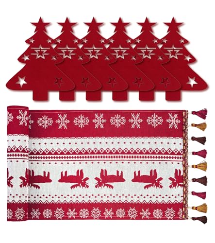 Camino de Mesa Navidad Rojo, 33x180cm Camino de Mesa con Copos de Nieve y Renos, Set de 6 Titulares de Cubiertos en Feutre Arbol de Navidad, Decoración de Mesa para Navidad, Hogar y Fiestas