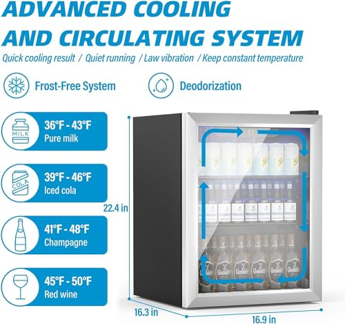 Image of Erivess Compact Beverage Refrigerator, 76 Can /1.7 Cu Ft Mini Fridge, Silver | Adjustable Shelves & Digital Display Small Fridge for Soda, Under Counter Freestanding Glass Door Mini Cooler for Home