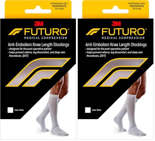Image of Futuro Anti-Embolism Knee Length Stockings, Moderate Compression, Closed Toe, Medium Regular, White (Pack of 2)