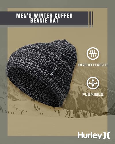 Image of Hurley Men's Cuffed Beanie - Classic Midweight Loose Knitted Winter Hat for Men
