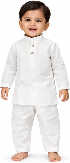 Baby Boy White Kurta Pajama Set, Traditional Indian Ethnic Wear, Long Sleeve, Mandarin Collar, Two-Piece Outfit