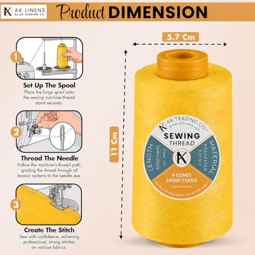 AK Trading 4-Pack Gold All Purpose Sewing Thread Cones (6000 Yards Each) of High Tensile Polyester Thread Spools for Sewing, Quilting, Serger Machines, Overlock, Merrow & Hand Embroidery. by AK TRADING CO. - Used condition - Image 2