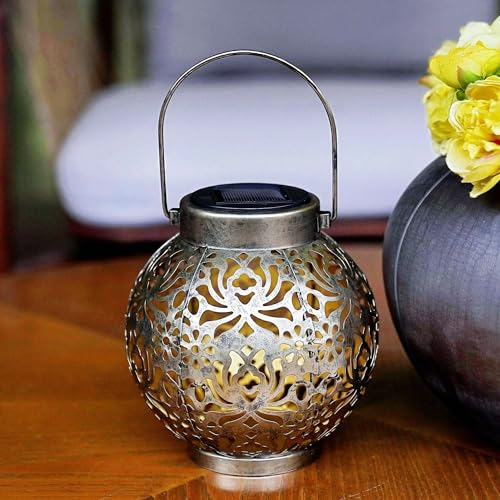 Image of 2 Pack Outdoor Solar Hanging Lantern Lights Metal LED Decorative Lamp for Garden Patio Courtyard Lawn and Table with Hollowed-Out Design (Antique Bronze)