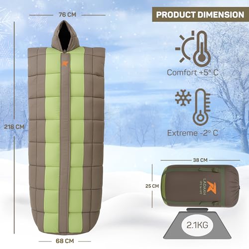 Image of ROCKSPORT Ladakh -2C to 5C Mummy Sleeping Bag, Hollow Fiber Filling, Lightweight Winter Camping Bag with Air Pillow, Pista Green