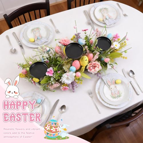 22" Easter Centerpieces for Tables and Fireplaces with 3 Candle Trays, Artificial Easter Egg Candle Holder Decorations with Colorful Spring Flowers & Branches & Green Leaves by OCTAOR - Image 3