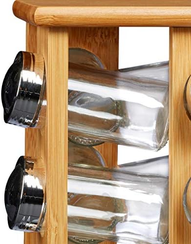 Relaxdays Bamboo Spice Rack with 16 Spice Jars Size: 30 x 19.5 x 19.5 cm Freestanding Wooden Spice Shelf with Spices Holders Spice Carousel made of Wood with Spice Grinder Built-In, Natural Brown