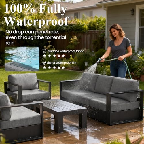 Image of LayinSun Oversized Aluminum Outdoor Furniture Set, 4 Piece Patio Sofa Sets with Fire Pit Table, Deep Seating and Upgraded 6-inch Cushions for Porch, Balcony, Deck