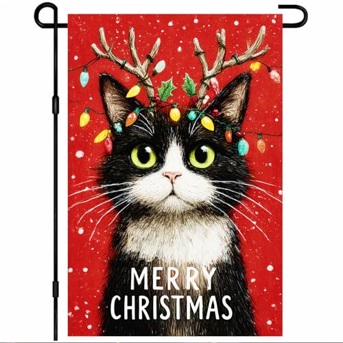 Image of BlissYard Christmas Garden Flag 12x18 Inch Welcome Cat Yard Flag Double Sided Outdoor Banner with Reindeer Antlers and Red Snow Background for Porch Lawn Patio