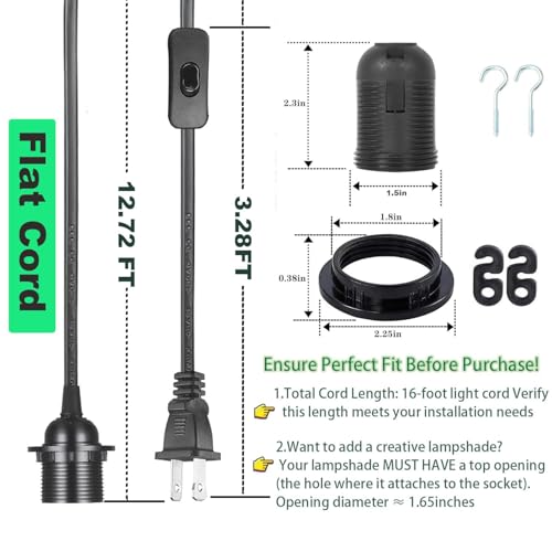 Zarnicy Plug in Pendant Light Cord - 16Ft Hanging Light Kit E26/E27 Light Socket Hanging Lantern Lamp Cord with On/Off Switch,Socket Rings, 2 Pack, Black by Zarnicy - Image 2