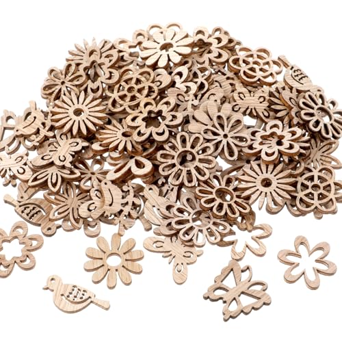 100 PCS Unfinished Wood Crafts Wood Slice Leaf Bird Flowers Butterfly Pattern Cutouts Mini Wooden Handmade Craft Decoration Supplies DIY Art Project Wooden Pieces Scrapbook Embellishments