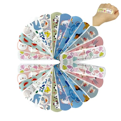 Apósitos infantiles impermeables sin látex 120 unidades – Tiritas adhesivas para niños y niñas – Diseños surtidos de animales, resistentes al agua y hipoalergénicos para piel sensible