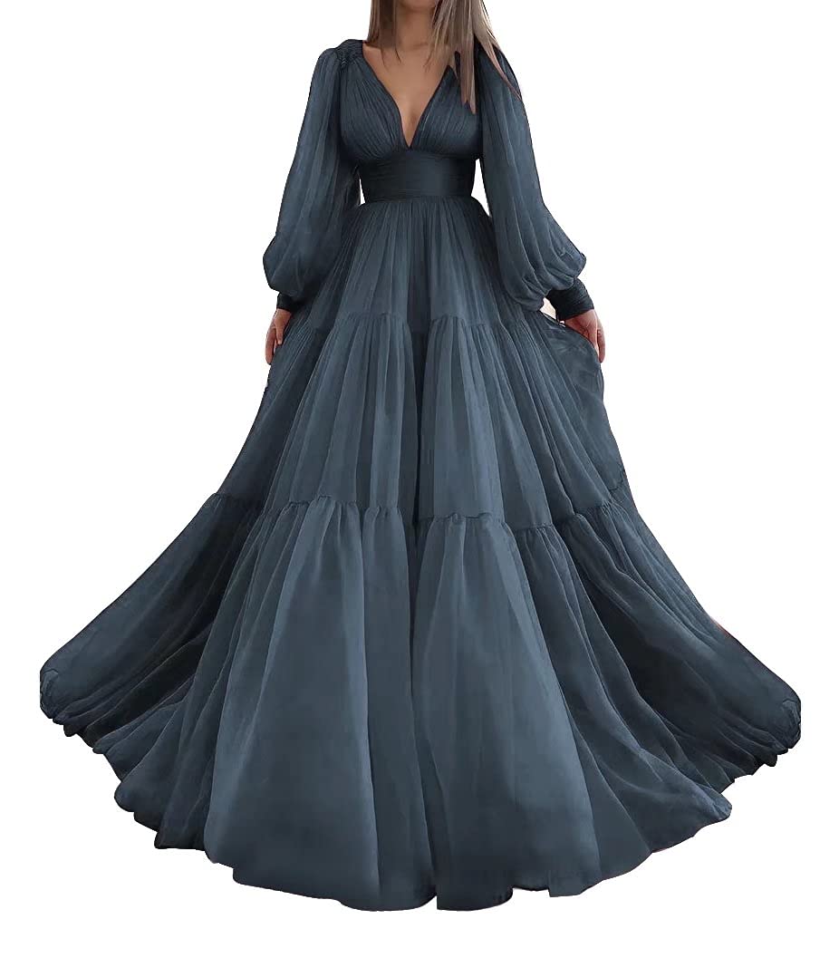 Long Puffy Sleeve Prom Dress Ball Gown V Neck Tulle Formal Evening Gowns for Women Wedding Dress