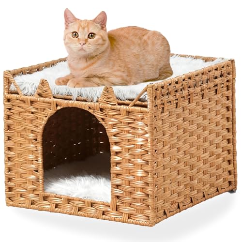 LUCKITTY Cat Bed with Ears - Handwoven Rattan Cat Cave House for Indoor Kittens, Foldable Hideaway with 2 Removable Cushions, 16.5x16.5x13.2 Inch Natural Pet Cube for Living Room/Bedroom Natural