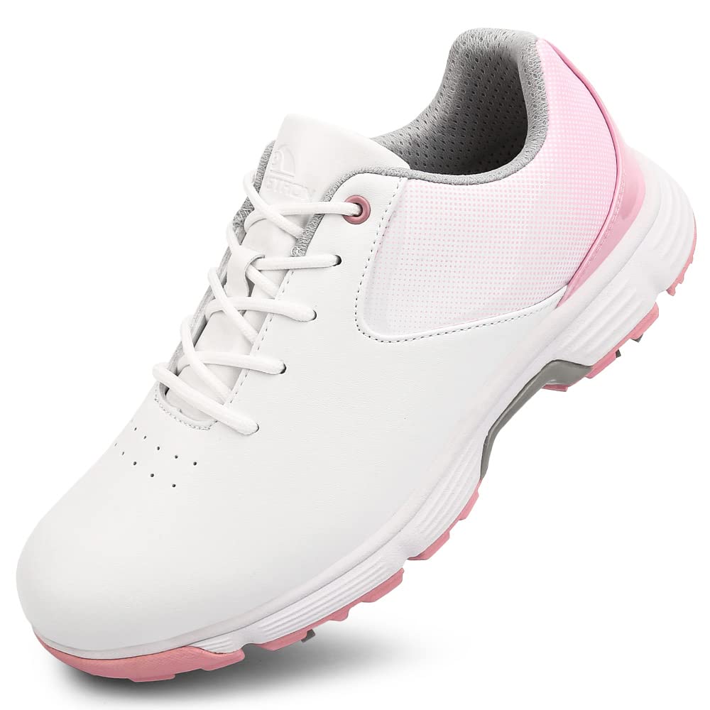 THESTRON Women's Golf Shoes Ladies Golf Sports Sneakers Spikes Women Golf Wears Spikeless Girls Golf Walking Sneakers (6.5,White pink1)