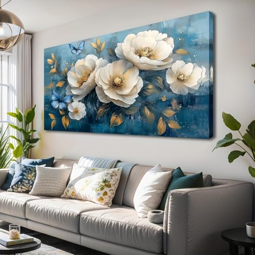 Tableau bleu cyan pour salon chic AEFOUU déco fleur blanche - 4