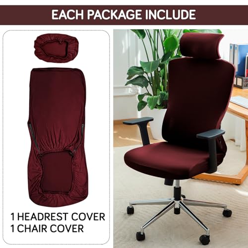 Image of HOKIPO 'SereneSolids' 140 GSM Office Chair Cover with Headrest (High-Back) - 140 GSM Stretch Fabric - Washable, Anti-Slip Fit for Ergonomic Mesh Office Chairs, Burgundy (AR-5369-BRGN)