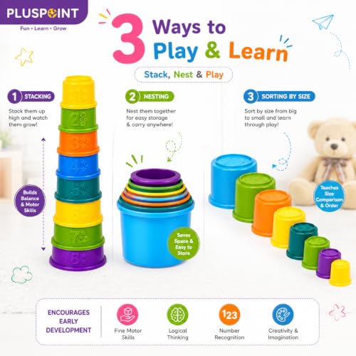 Image of PLUSPOINT Stacking Cups Baby Toy | 8-Piece Rainbow Nesting & Stackable Cups with Numbers | Montessori Educational Learning Toy for Babies 6-12 Months & Toddlers 1-3 Years