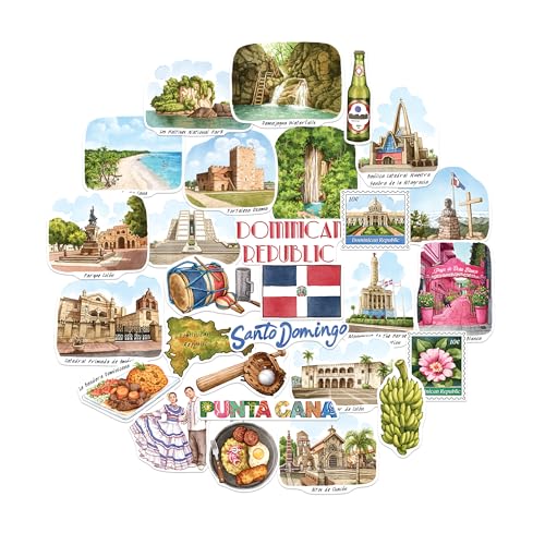 Navy Peony Autocollants de Voyage République Dominicaine Tropicale (28pcs) – Illustrés à la main, Décalcomanies de Vacances Thématiques pour Journaux, Scrapbooks, Bagages