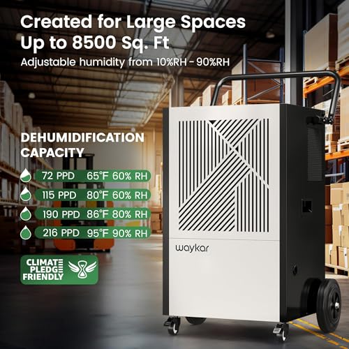 Image of Waykar 216 Pints Commercial Dehumidifier with Pump, Drain Hose and Washable Filter Space up to 8500 Sq. Ft, for Basements, Industrial or Commercial Spaces and Flood Restoration - 5 Years Warranty