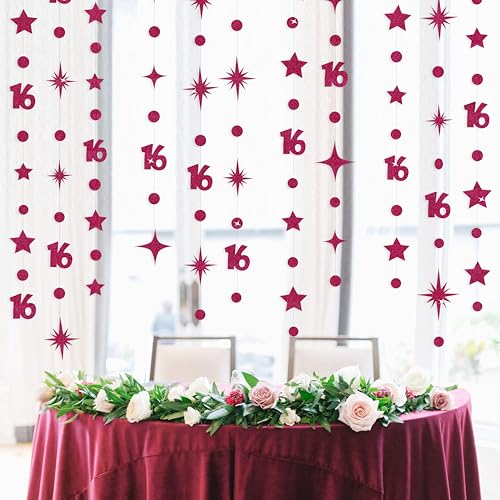 Image of Burgundy 16th Birthday Decorations Number 16 Circle Dot Star Garland Glitter Streamer Banner Backdrop for Girls Boys Sweet Sixteen Cheers to 16 Years Old Birthday 16th Anniversary Party Supplies