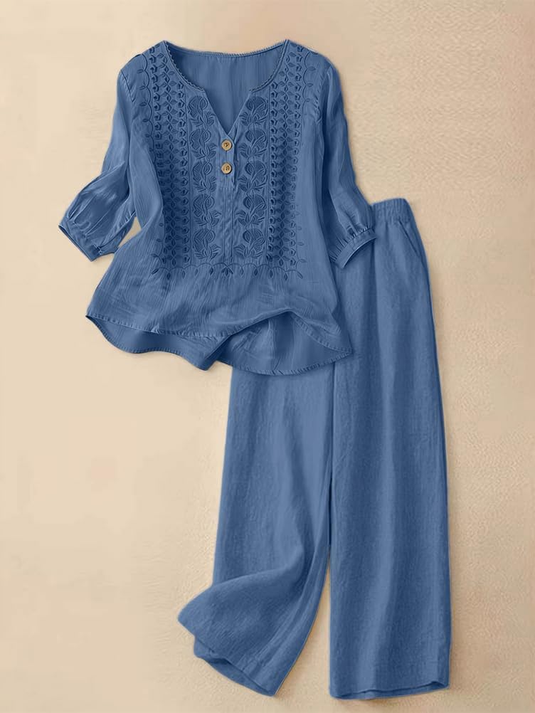 shownicer Ensemble Coton et Lin pour Femme Grande Taille Costume Été Deux Pièces Chemise et Pantalon 2 Pièces Set Loungewear Chic et Elegant Tenue
