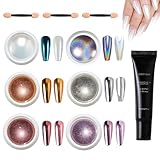 Chrome Nail Powder Set, 6 Farben Crome Pulver Nägel mit 15ml Nagelgel, Metallic Glitzer Nagelpuder, Feines Pulver, Geeignet für Nageldesign, DIY-Nagelkunst