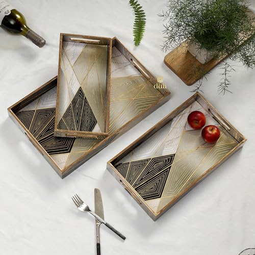 Image of Set of 3 Waterproof Lacquer Coated Wooden Trays - Geometric Abstract Design, Multipurpose MDF Serving Tray Set with Handles (16x10, 14x8, 12x6 Inches) (PremiumSetof3- Geometric)