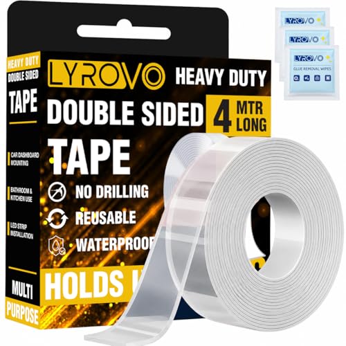 Image of Lyrovo Double Sided Tape Heavy Duty 1MM Thick 4 Meter Long, Transparent Adhesive Mounting Tape for Wall, Car Dashboard, Kitchen & Bathroom, Waterproof Reusable No Drilling Tape