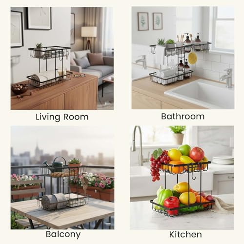 Image of Go Hooked 2 Tier Metal Fruit Basket for Dining Table | Countertop Wire Storage Stand for Fruits, Vegetables, Bread & Daily Essentials | Multipurpose Metal Vanity & Home Organizer for Counter Spaces