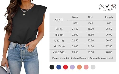 Bzb Women Sleeveless T Shirt Padded Shoulder Crewneck Solid Color Loose Tank Tops Black #TOP6