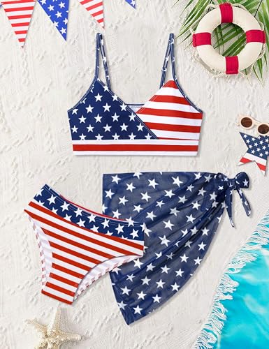 Image of Girls Swimsuit V Neck Bikini Set Color Block with Cover Up 3Pcs Bathing Suits