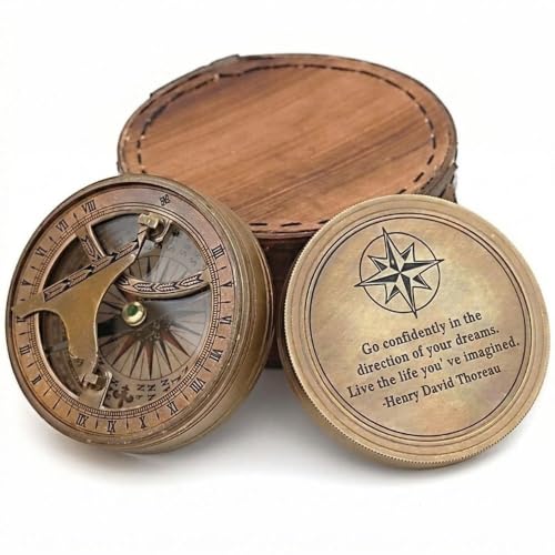 Handmade Brass Sundial Compass – Thoreau Dream Chaser Quote – Go Confidently in The Direction of Your Dreams – Vintage Sun Clock with Leather Case – Gift for Explorer, Graduate or Loved One