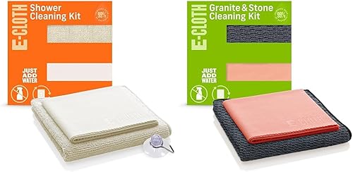 E-Cloth Kit de limpieza de ducha, limpiador de ducha de microfibra, marfil, juego de 2 paños y kit de limpieza de granito y piedra, juego de 2 paños