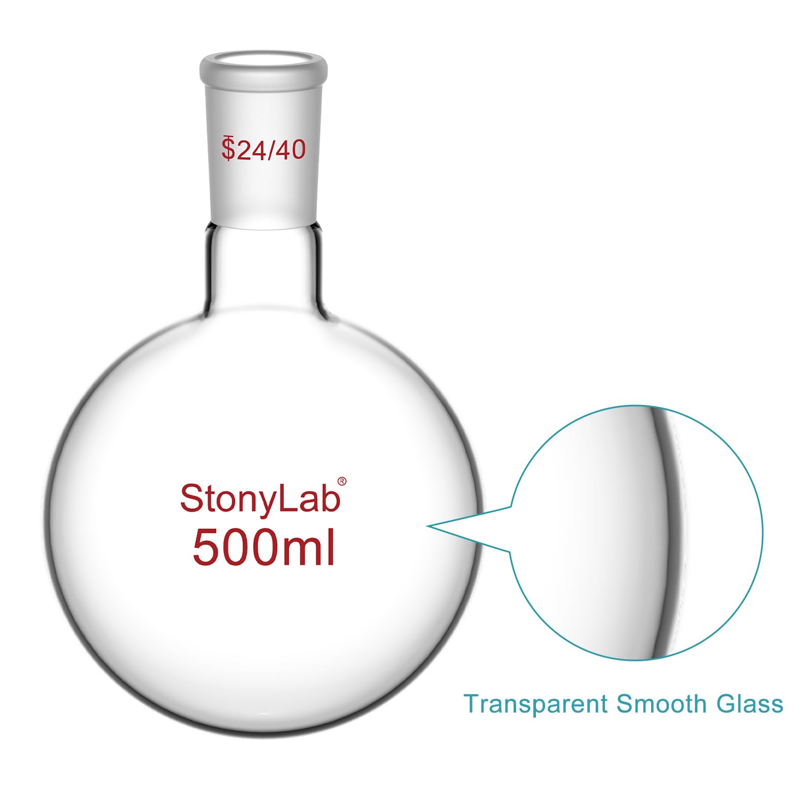 StonyLab 500ml Frasco de Vidrio Redondo con Fondo Redondo, RBF, Junta Exterior Cono Estándar 24/40