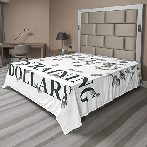Ambesonne Money Flat Sheet, It's Raining Dollars Typography with Spreading Money Richness and Wealth Themes, Soft and Comfortable Top Sheet Decorative Bedding 1 Piece, Full Size, Dark Green White