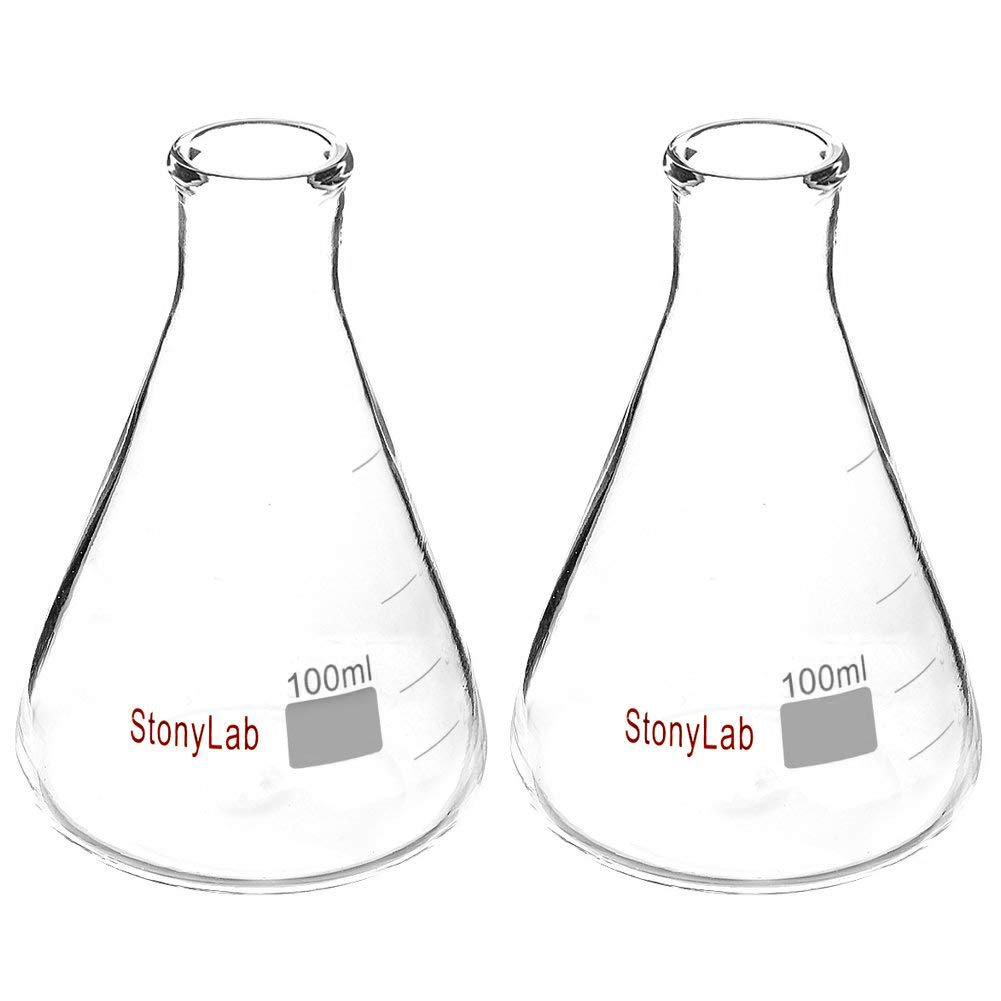 stonylab (2 Pack) 1000 ml Narrow Mouth Erlenmeyer Glass Flasks with Heavy Duty Rim, 100 ml