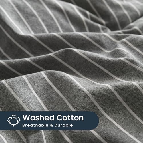 Image of Wake In Cloud - Striped Cotton Duvet Cover Set, Ticking Stripe Vertical Pinstripe Farmhouse, 100% Washed Cotton Textured Bedding Set, 3 Pieces, Gray, Full Size
