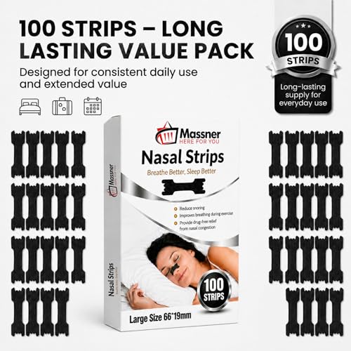 Image of Nose Strips for Breathing by Massner, Large Black Breath Strips for Sleeping, Snoring Support, Stuffy Nose and Congestion Relief - Better Night Airflow, 100 Nasal Strip