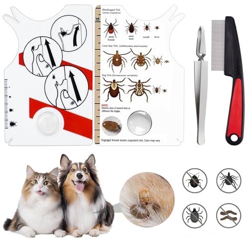 ePicsoa Lot de 2 cartes à tiques, avec loupe, cric à tiques, 1 pince à tiques, 1 peigne, nettoyage rapide des tiques, pour les humains, les enfants, les chiens, les chats